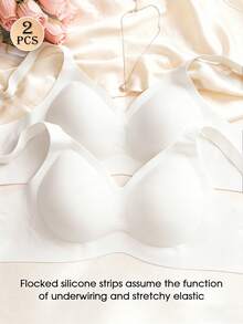 SHEIN 2pcs/Set Plus Size Seamless Jelly Stripe Soft Support Wireless Bra, Gather & Lift Bust, Reduce Side Bulge - White - View 3