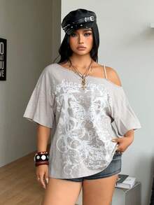 Coolane Áo thun nữ cỡ lớn mùa xuân/hè kiểu dáng Y2K Hip-Hop vintage streetwear dệt kim họa tiết số và ngôi sao, co giãn, thoải mái, cổ bất đối xứng, màu xanh navy, tay ngắn, kiểu dáng rộng rãi, thích hợp cho lễ hội âm nhạc, áo trễ vai. - Màu be - Xem 5