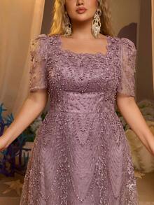 Glamrae Plus Size Dusty Pink Summer Elegant Formal Bridesmaid Prom Wedding Dress, Square Neck Short Sleeve Rhinestone & Pearl Decor A-Line Gala Dress - Dusty Pink - View 7