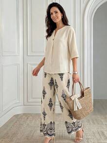 Miaspire Bộ đồ nữ phong cách thường ngày đi nghỉ mát, gồm áo cổ chữ V tay lửng và quần ống rộng, thích hợp cho mùa xuân, hè và thu. - Nhiều màu - Xem 3