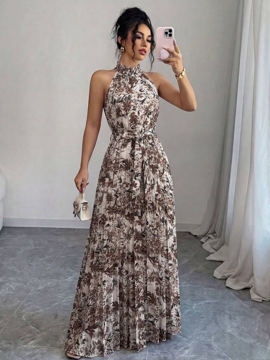 SHEIN Elenzya Ditsy Floral Ruffle Collar Pleated Waist A-Line Elegant Romantic Dress For Women, Suitable For Vacation - Multicolor - View 1