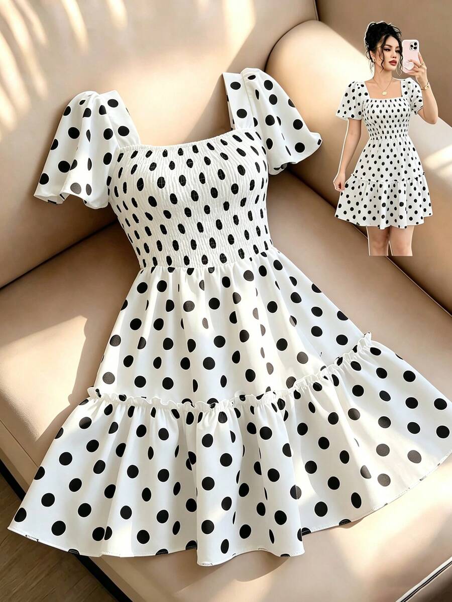 Franclia Women's Elegant Square Neck Flare Sleeve Ruffle Hem Short Dress, Summer - White - View 1