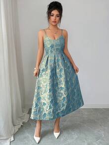 Vestido elegante de mujer con tirantes de espagueti y estampado jacquard, adecuado para invitadas de boda, fiestas de noche y galas; Vestido elegante de de mujer con cuello en V y pliegues - Azul - Ver 3