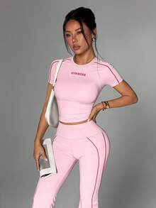 Dewbera Dewbera 女士粉色紧身短袖圆领运动T恤，喇叭运动裤，运动套装，适合锻炼和户外活动 - 粉色 - 查看 5