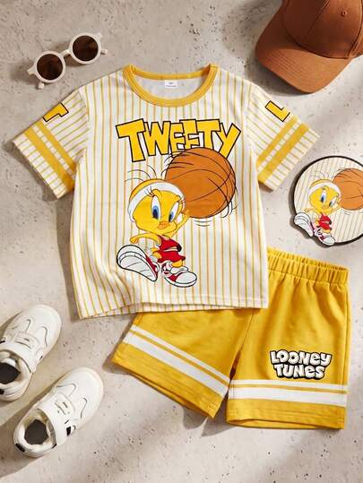 LOONEY TUNES X SHEIN GraphicGems Young Boy's Casual Sports Fashion Street Daily Commute Cartoon Striped Print Short Sleeve T-Shirt And Shorts Set, Summer
