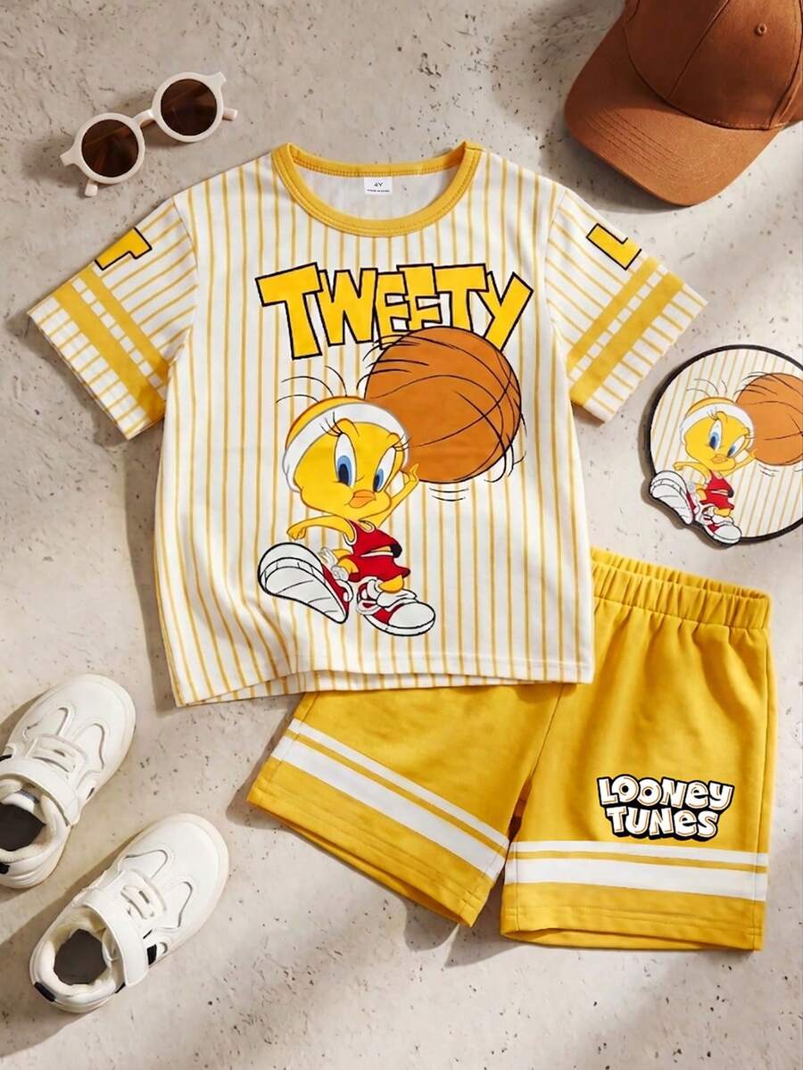 LOONEY TUNES X SHEIN GraphicGems 男童休闲运动时尚街头日常通勤卡通条纹印花短袖T恤短裤套装,夏季 - 黃色 - 查看 1