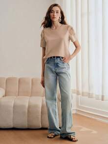 Anewsta Kaos Wanita Lengan Pendek Model Pas Badan dengan Kerah Bulat, Hiasan Manik-manik dan Jala Berongga, Desain Bahu Terbuka, Warna Polos - Khaki - View 4