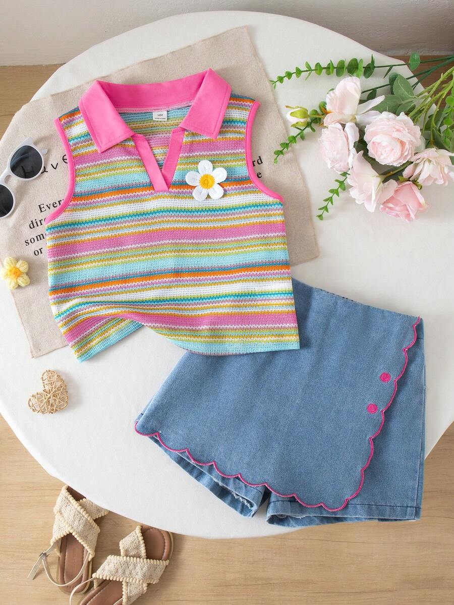 SHEIN 2件套少女夏季新款针织纹理面料立领无袖Polo衫和牛仔短裙套装,樱桃爱心装饰,波浪下摆,刺绣,休闲时尚 - 彩色 - 查看 1