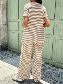 SHEIN Bộ đồ cho con bú 2 món: Áo và quần ngắn tay cổ tròn kẻ sọc tối giản. - Màu Khaki - Xem 2