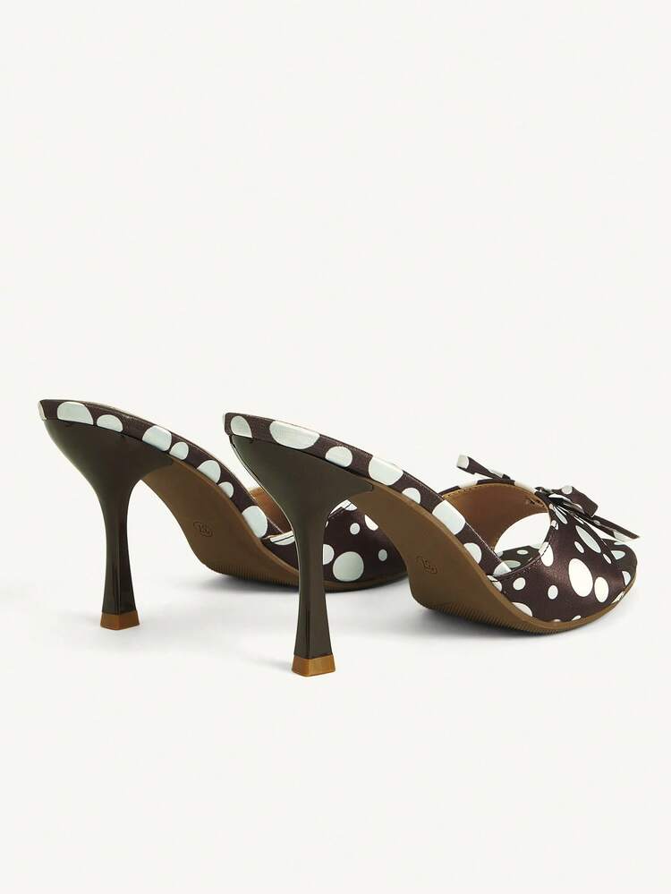 CUCCOO CHICEST Brown Polka Dot Satin Bow Mules, Round Toe Stiletto Open-Toed Slippers, Retro High-Heeled Sandals