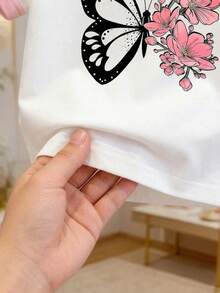SHEIN Playful Pals 女嬰蝴蝶與花卉印花圓領白色短袖T恤可愛休閒夏季畢業季套頭上衣適用6個月-3歲 - 彩色 - 查看 4