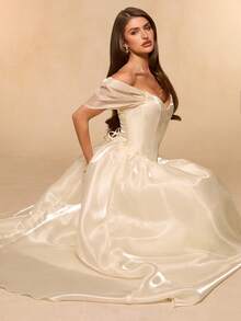 SHEIN BAE 杏色亮面雪纺女士披肩领修身泡泡裙，春夏长款礼服 - 杏色 - 查看 7