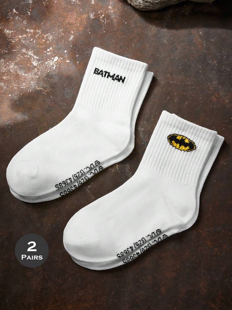 BATMAN X SHEIN 2雙純棉柔軟透氣吸汗筒襪,男童與兒童款,白色可愛卡通圖案,加強襪身與腳跟,耐穿,四季皆宜,適合學校與戶外活動 - 白色 - 查看 1