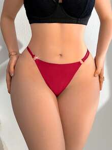 SHEIN 1 buah Celana Dalam Thong Minimalis Warna Polos Wanita Ukuran Plus Merah Musim Panas - Merah - View 5