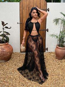 SHEIN SXY 女士时尚百搭薄纱刺绣性感迷你裙 - 黑色 - 查看 5