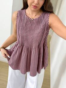 SHEIN LUNE Débardeur décontracté à col rond avec volant à l'ourlet pour femmes grandes tailles, motif à carreaux - Multicolore - Voir 4