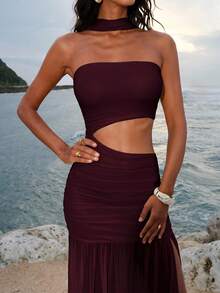 Opulessa Solid Color Knit Cutout Design Fitted Slit Dress For Women - Red Violet - View 8