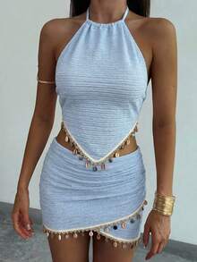 Aloruh Women's Shell Decor Lace-Up Backless Halter Top + Asymmetric Hem Skirt Set,Vacation Outfits Women - Baby Blue - View 6