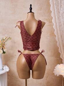 Bellisia Women's Spring/Summer New Retro Print Deep V-Neck Drawstring Ruched Backless Camisole & Tie-Up Triangle Bikini 2-Piece Set - Red - View 2