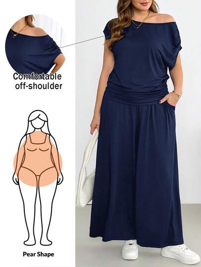 Shapeblank Plus-Size Women's Spring/Summer Fashionable Casual Stretchy Comfortable Everyday Short-Sleeved Off-Shoulder Top And Wide-Leg Pants Black Two Pieces Set,Summer Clothes,Pants Set,Airport Outfits