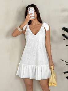 SHEIN PETITE Women's White Summer Casual Vacation Shoulder Bowknot Sleeveless Elegant Floral Embroidery Backless Deep V Ruffle Hem Loose A Line Short Dress ,Petite Women - White - View 4