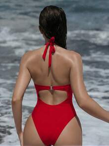 Swim SXY Áo tắm liền thân một mảnh gợi cảm màu trơn dành cho nữ, kiểu dây buộc chéo khoét cổ, có gọng nâng ngực. - Đỏ - Xem 2