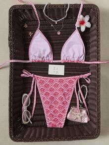 Swim Mod Bikini Halter Dua Potong Motif Cetak Seluruh Permukaan untuk Liburan Pantai Kasual Wanita - Berwarna merah muda - View 8