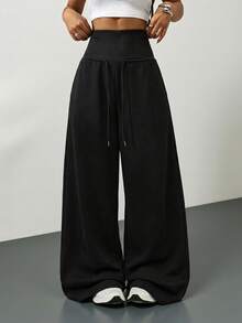 SHEIN Tall Quần nỉ dài màu xám, cạp chun, dáng rộng, thích hợp mặc đi học lại vào mùa đông, lễ tốt nghiệp, trang phục giáo viên cho nữ, quần áo mùa thu cho nữ đi học. - màu đen - Xem 4