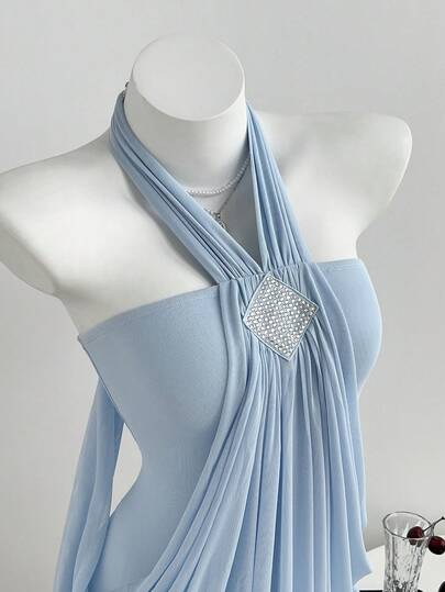 Elamini 女士浅蓝色露背褶皱腰身修身迷你连衣裙，性感夏日吊带裙，适合海滩约会等场合