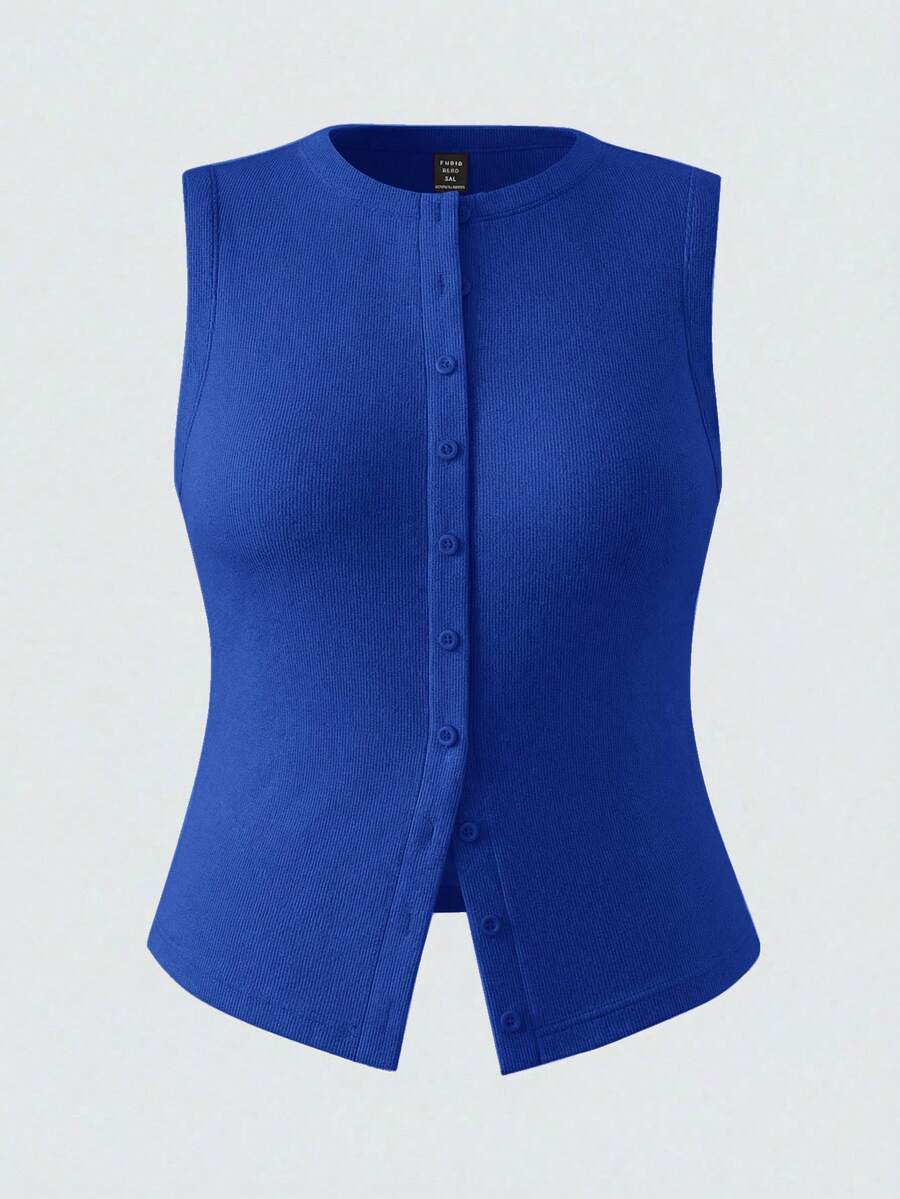 SHEIN BASICS 大码纯色针织修身背心 - 寶藍色 - 查看 1