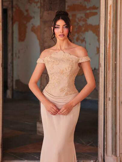 Aureia Elegant, Romantic, Fashionable, Dignified Khaki Lace Embroidered Fabric, Satin Patchwork, Strapless Off-Shoulder, Fishtail Hem Elegant Party Dress, Wedding Guest Dress, Bachelorette Party Dress, Formal Evening Gown