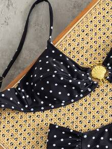 Swim Mod Women's Summer Beach Polka Dot Metal Decor Halter Bikini Top And Triangle Bottoms Swimwear Set - Black and White - View 4