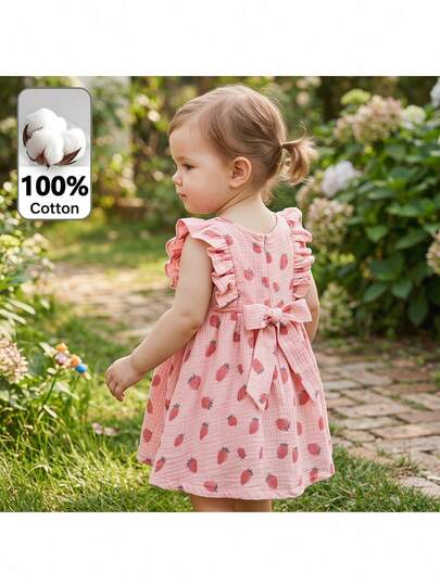 Loomiva Vestido de niña con estampado floral, cuello redondo, sin mangas y cintura
