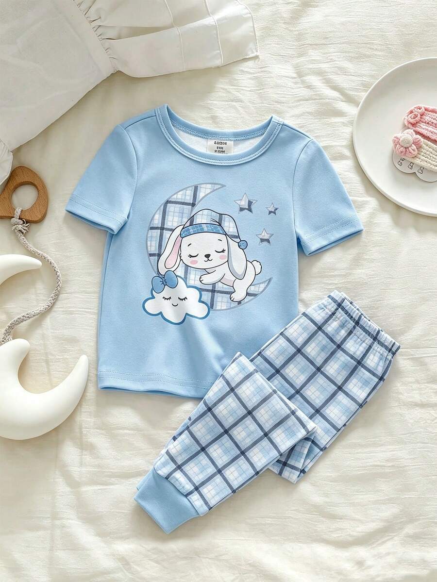 Genkimix Kids 2件套女婴粉色可爱云朵、月亮、兔子印花短袖上衣和紧身裤睡衣套装 - 藍色 - 查看 1