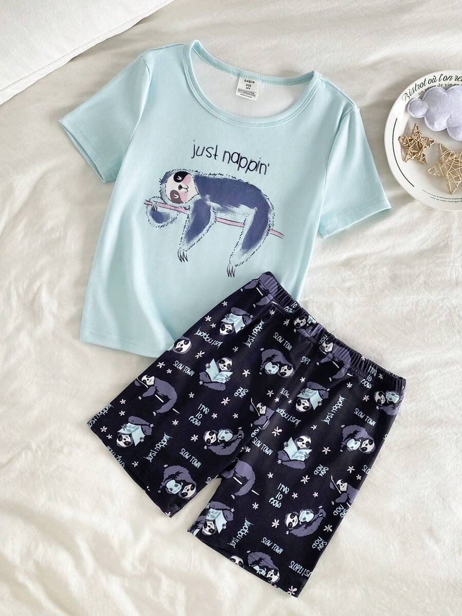Girls' Cute Sloth Graphic All-Over Print 2 Pieces Pajama Set,Light Blue And White Snug Fit Short Sleeve Top And Shorts,Summer Home Wear Sleep Night - Mint Green - View 1