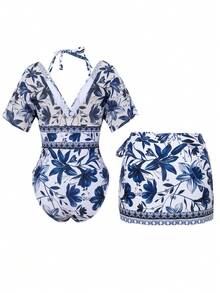 Swim Oasis 两件套女士泳衣套装，连体泳衣配系带裙摆，时尚休闲又不失优雅的度假风格，蓝白花卉印花，V领蝙蝠袖，适合旅行、游泳、海滩穿着 - 藍白色 - 查看 5