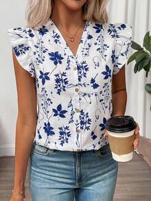 SHEIN Clasi Áo sơ mi nữ cổ chữ V in hoa, kiểu dáng thường ngày, đa năng. - Xanh và trắng - Xem 4