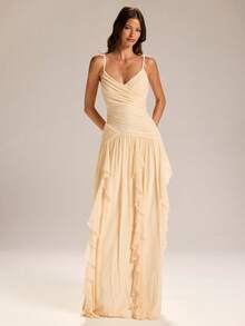 SHEIN BAE Apricot Pleated Ruffle Hem Maxi Dress, Romantic Sheer Chiffon Party Gown For Spring/Summer,Dresses For Women Summer - Apricot - View 5