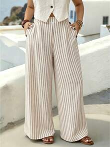 Parysyn Plus Size Women's Vertical Beige Side Button Wide Leg Pants With Pockets Elegant Casual Smart Boho Business Beach Vacation Office Work Autumn - Apricot - View 4