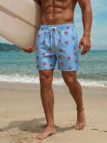 Azuldrift Men's Casual Cherry Print Drawstring Waist Pocket Beach Shorts - Blue - View 4