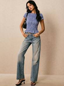 Poéselle Women's Striped Ruffle Hem Casual Blouse,Summer Top - Blue and White - View 2