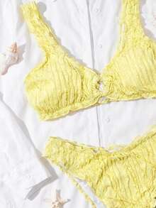 Swim Vcay-D Summer Solid Yellow Jacquard Fabric Frill Trim Deep Square Neck Backless Ring Decor Women Casual Sexy Beach Bikini Swimwear Set - Yellow - View 4