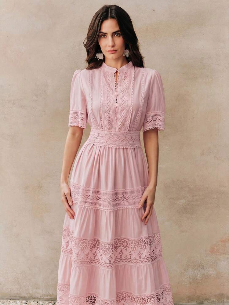 Elegant Solid Color Lace Patchwork Round Neck Waist Cinched Hollow Out Crochet Short Sleeve Flared Dress For Women