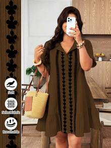 Weeklong Plus Size Women's Contrast Color Ruffle Trim Loose Shirt Dress, Bohemian Style Summer Beach Holiday Outfit - Brown - View 1