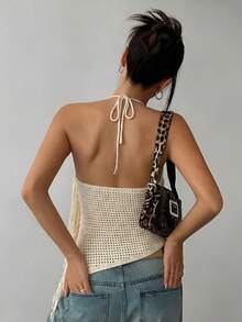 Firerie Elegantes, romantisches, zierliches Damen Strandurlaubs-/Musikfestival-/Party-/Sexy-Top in neuer Mode mit Metalldekor, Quasten, Trägerloses Rückenausschnitt, Aprikose, Strickpullover - Khaki - Übersicht 2