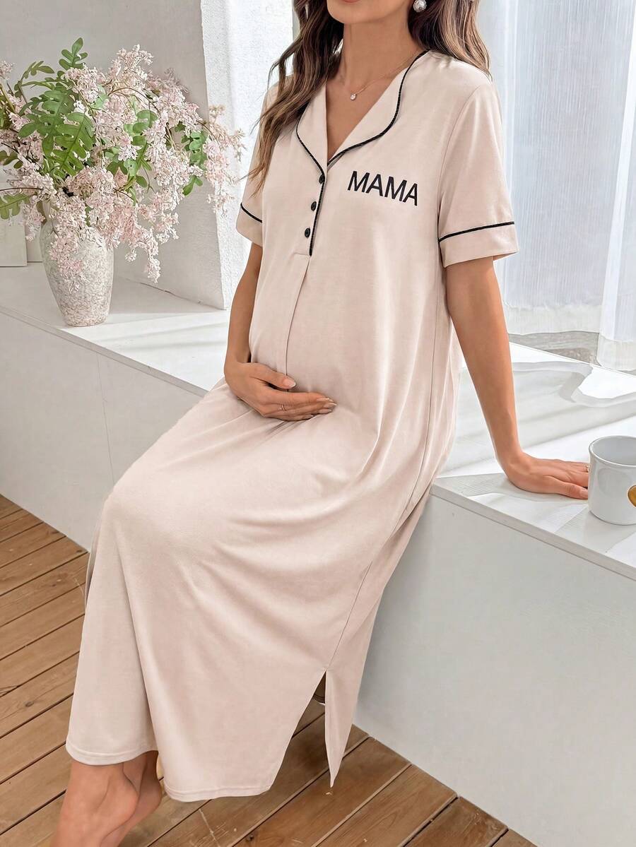 Moonlight&Mama Solid Color Comfortable Fabric Letter Print "MAMA" Front Pocket Snap Button Short Sleeve Maxi Maternity Dress/Nightgown - Apricot - View 1