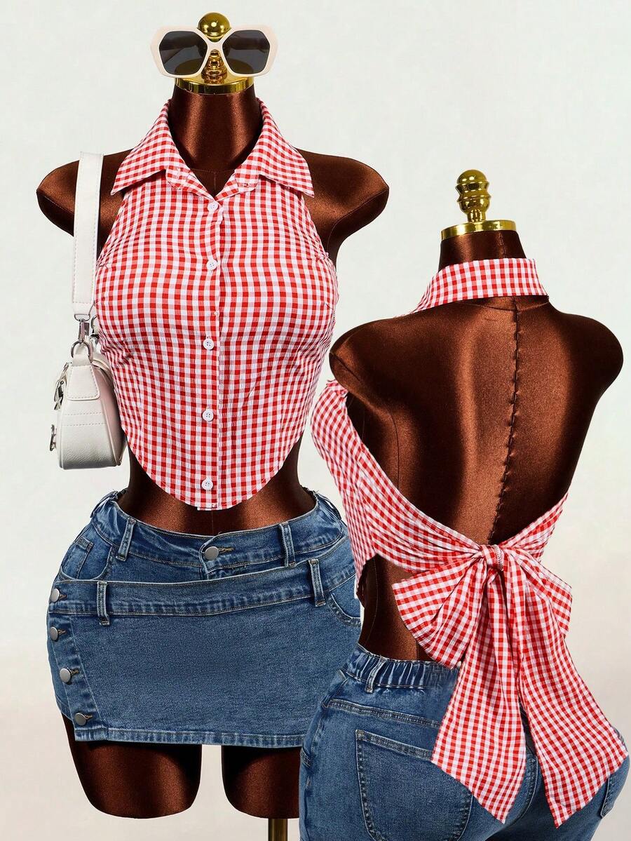 Spring And Summer Back Tie Bow-Knot Casual Design Sense Shirt - Red and White - View 1