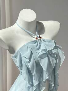 Elamini Top halter semitransparente bohemio con diseño de aro de resina con volantes - Neblina azul - Ver 3