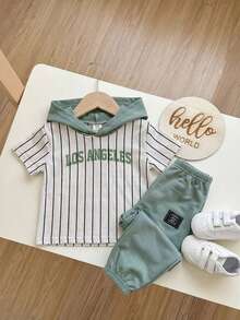 2pcs Baby/Toddler Striped Hoodie Sleeveless Top And Jogger Pants Set, Blue, Casual Collegiate Style Suitable For Home, Outdoor, School - Red and White - View 4