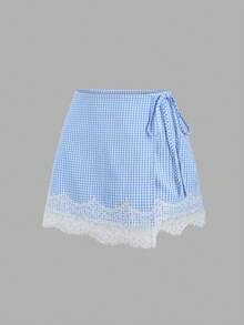 Sweetra Falda de encaje con parches, nueva llegada primavera/verano 2026, de moda y elegante, adecuada para atuendos diarios y de oficina - Azul - Ver 4